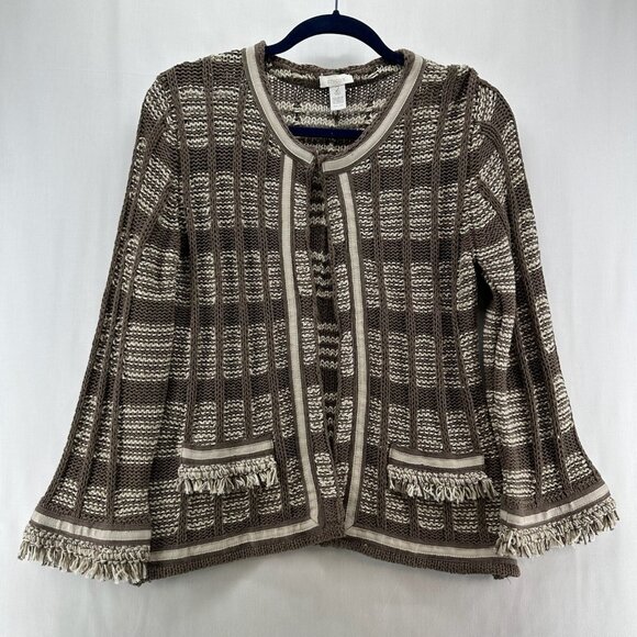 Chico's Sweaters - Chico's Cardigan Sz 2/ L Crochet Striped Fringed Jacquard Open Front Brown